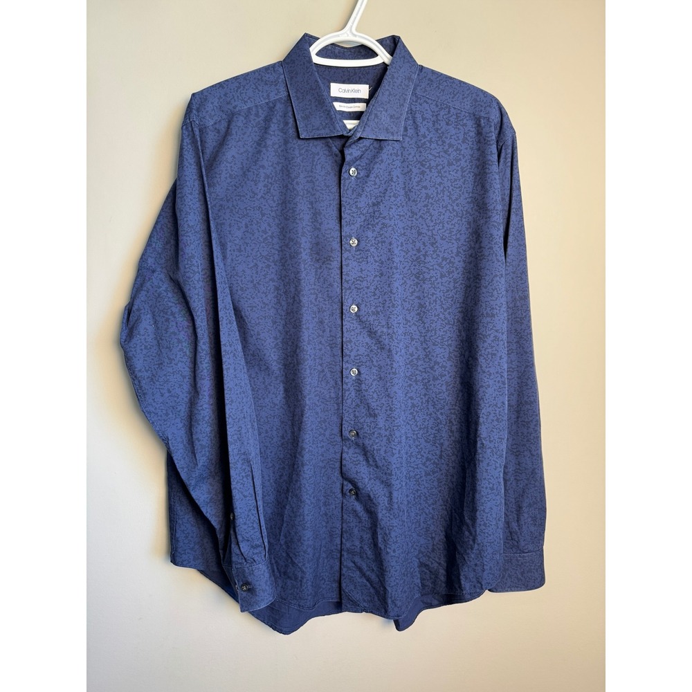 Calvin Klein Mens Purple Navy Slim Fit Button Down XL Tonal Print Cotton Office